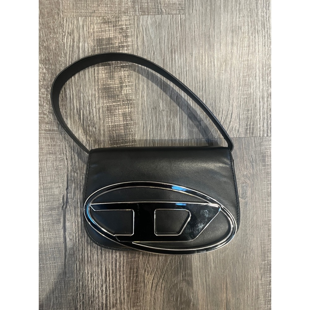 Authentic Diesel 1DR Black Leather Shoulder Bag Oval D Logo Flap Handbag